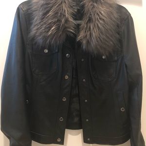 FLASH SALE! Guess Black Leather Jacket with Faux Fur Collar